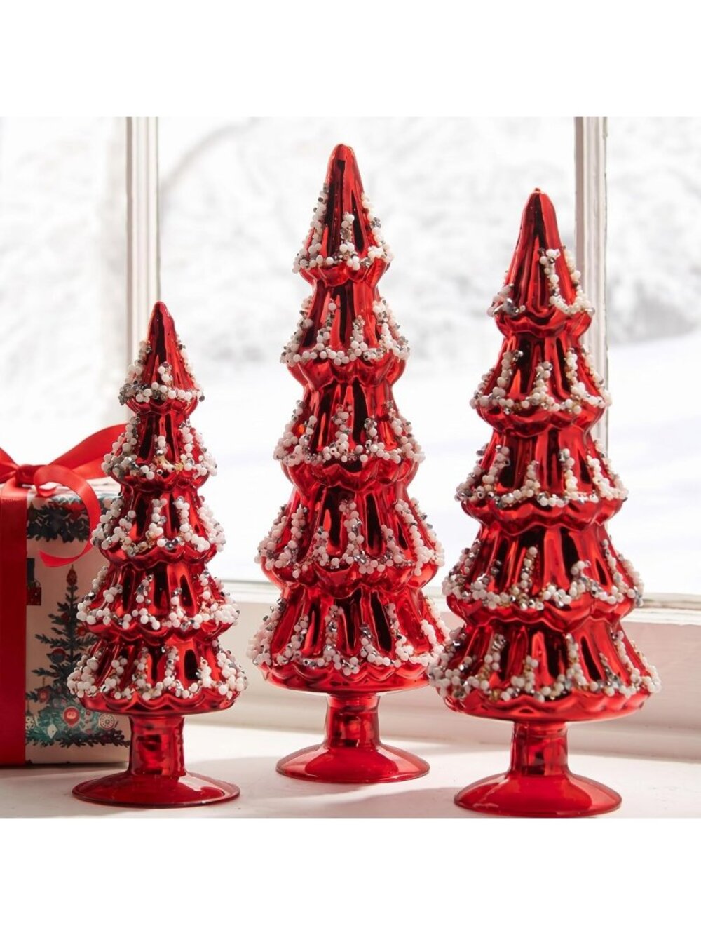 Set of 3 Red Glass Christmas Trees with Silver Pearl Trim - Festive Holiday